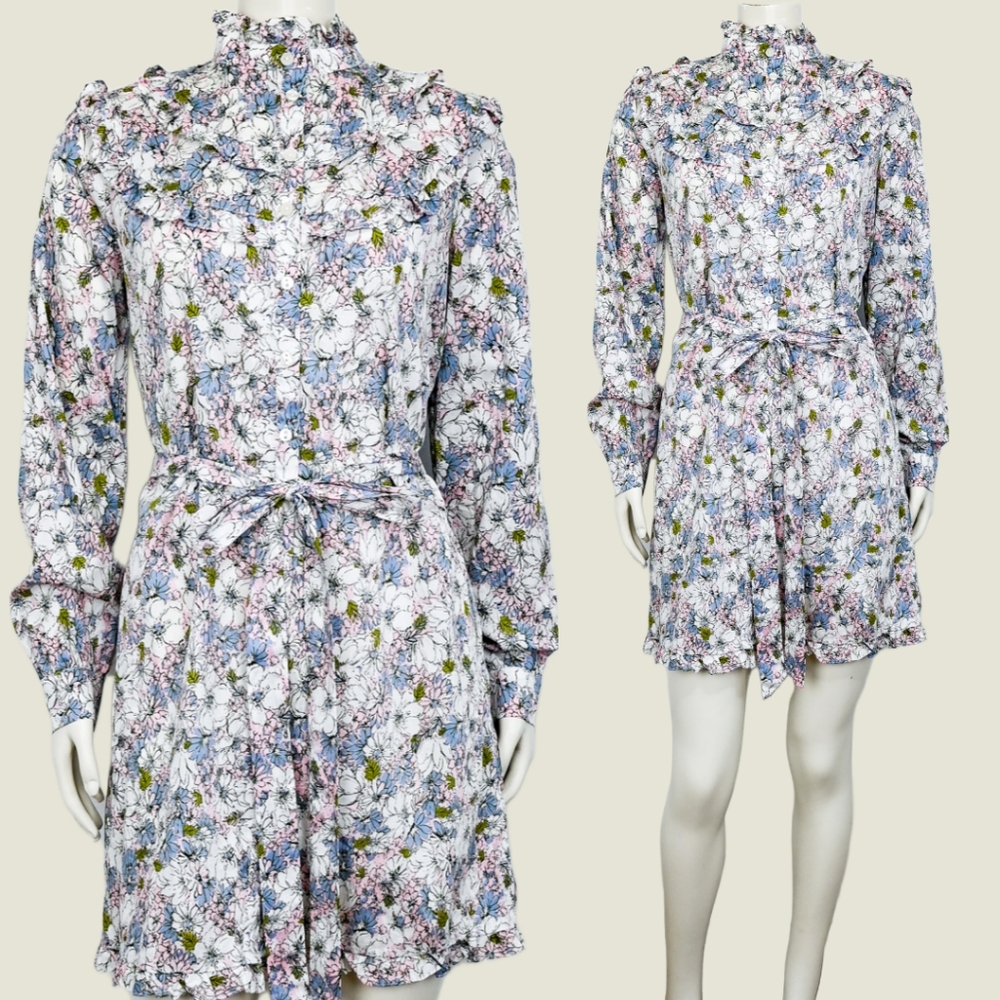 S MODCLOTH 100% Cotton Floral Prairie Ruffle Button Down Shirt Dress with Belt